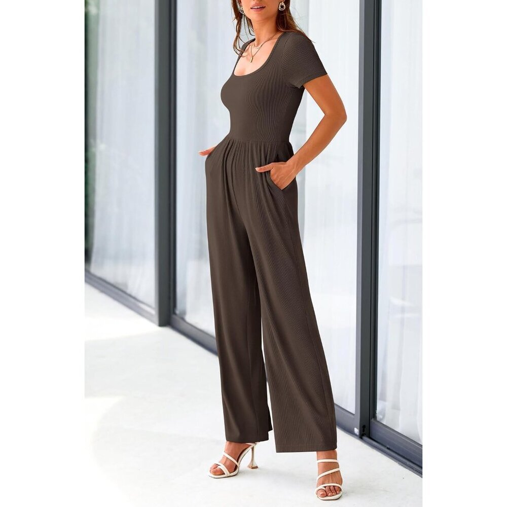 Women's Coffee Summer Short Sleeve Square Neck Wide Leg Rompers Jumpsuits - Picture 6 of 8